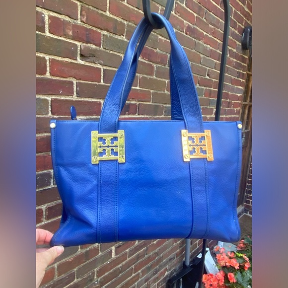 Tory Burch Leather Tote with Gold Signature hardware Bright Blue Size:16X9X4